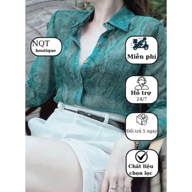 Áo sơmi nữ dài tay tơ nhăn đính đá xanh lá - phong cách công sở NQT mỏng nhẹ