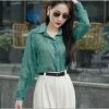 Áo sơmi nữ dài tay tơ nhăn đính đá xanh lá - phong cách công sở NQT mỏng nhẹ 4
