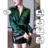 Áo sơmi nữ dài tay tơ nhũ trơn xanh lá NQT Boutique – phong cách công sở, giảm giá 20%