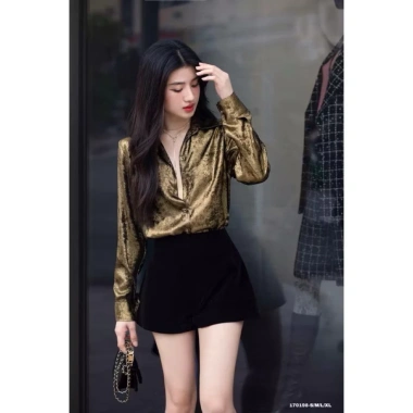 Áo sơmi nữ dài tay tơ nhũ vàng đồng NQT boutique - phong cách công sở, giảm giá 20% 3