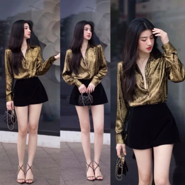 Áo sơmi nữ dài tay tơ nhũ vàng đồng NQT boutique - phong cách công sở, giảm giá 20% 4