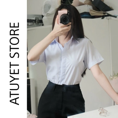 Áo sơmi trắng xanh tay cộc dấu nút form nhỏ - Đi học, công sở, giá chỉ 135k