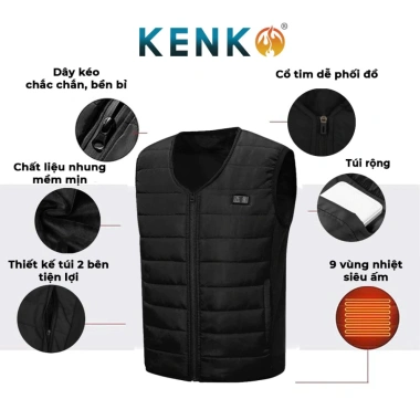 Áo sưởi điện KENKO gile cổ tim nhẹ, lót nhung êm ái, 9 vùng nhiệt - 699.000₫