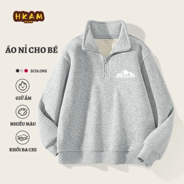 Áo Sweater Bé Trai HKAM Nỉ Lông Cừu Nửa Mở In Hình Núi - Thời Trang Thoải Mái 8
