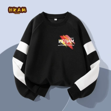 Áo Sweater bé trai HKAM nỉ tay chắp vá, thoải mái, in thể thao – Giá 210.000đ