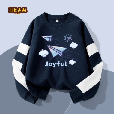 Áo Sweater bé trai nỉ tay chắp vá thoải mái, in máy bay giấy – chỉ 210.000₫