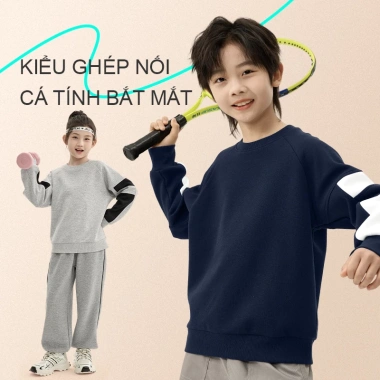 Áo Sweater bé trai nỉ tay chắp vá thời trang thoải mái, in mũ - 210.000₫ 2