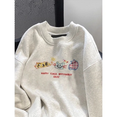 Áo Sweater Nữ 2.025 Xám Nhạt In Mèo Cartoon Dễ Thương Oversize Unisex 320GSM 100% Xơ Bông Local Brand RTOML - 119.999 VND