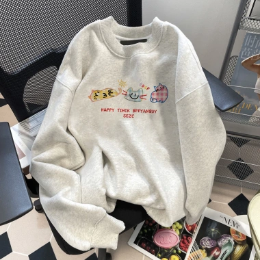 Áo Sweater Nữ 2.025 Xám Nhạt In Mèo Cartoon Dễ Thương Oversize Unisex 320GSM 100% Xơ Bông Local Brand RTOML - 119.999 VND