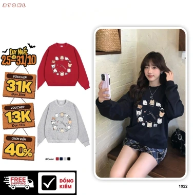 Áo sweater nữ boxy cổ tròn 100% cotton vải nỉ bông thoáng mát 320GSM in mix - Giá chỉ 119.999đ RTOML