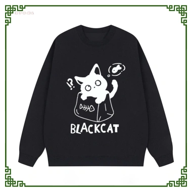 Áo Sweater Nữ Đen Oversize Họa Tiết Mèo Unisex Cặp Đôi 320gsm 100% Cotton