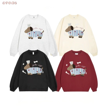 Áo sweater nữ mùa thu họa tiết chó con dễ thương, form rộng, 100% cotton RTOML