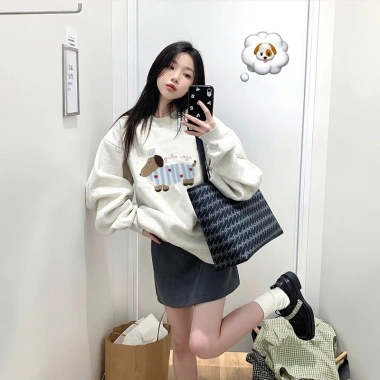 Áo sweater nữ mùa thu họa tiết chó con dễ thương, form rộng, 100% cotton RTOML