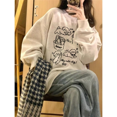 Áo sweater nữ oversize Thu Đông Hàn Quốc hoodie local brand in hình chú chó con hoạt hình unisex đôi giảm giá 119.999