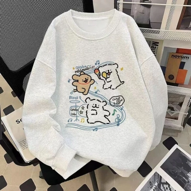 Áo Sweater Nữ Oversize Xám Nhạt In Chó Bánh Mì Cartoon Dễ Thương 320gsm Cotton 119.999₫