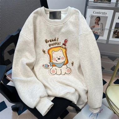 Áo Sweater Nữ Oversize Xám Nhạt In Chó Bánh Mì Cartoon Dễ Thương 320gsm Cotton 119.999₫