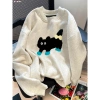 Áo Sweater Nữ Xám Nhạt Oversize In Mèo Đen Cartoon Dễ Thương 320gsm Unisex RTOML