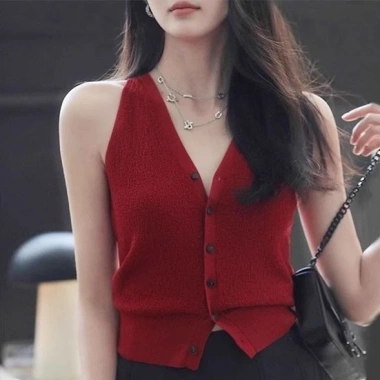 Áo Tank Top Nữ Cổ Chữ V Len Mềm Mại Rượu Vang Đỏ Dây Thời Trang Hè & Tết 2.024