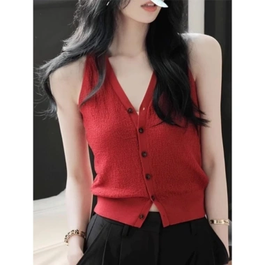 Áo Tank Top Nữ Cổ Chữ V Len Mềm Mại Rượu Vang Đỏ Dây Thời Trang Hè & Tết 2.024 2