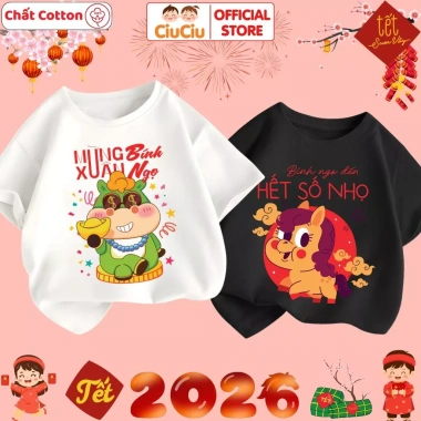 Áo Tết Bính Ngọ 2.026 CIUCIU KID cho Bé Trai & Gái – Áo Thun Cộc Tay Cotton Mềm Mát, Giá chỉ 103.000₫