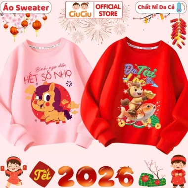 Áo Tết Bính Ngọ 2.026 Happy New Year CIUCIU KID cho Bé trai và bé gái – Sweater Vải Nỉ Da Cá Giữ Nhiệt, Thời Trang Đáng Yêu, Giá Gốc 200k Giảm còn 160k