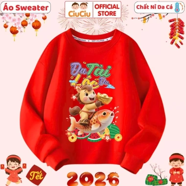 Áo Tết Bính Ngọ 2.026 Happy New Year CIUCIU KID cho Bé trai và bé gái – Sweater Vải Nỉ Da Cá Giữ Nhiệt, Thời Trang Đáng Yêu, Giá Gốc 200k Giảm còn 160k
