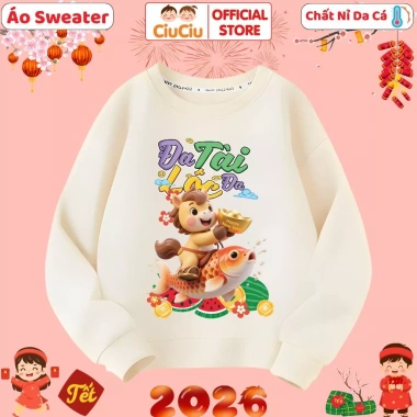 Áo Tết Bính Ngọ 2.026 Happy New Year CIUCIU KID cho Bé trai và bé gái – Sweater Vải Nỉ Da Cá Giữ Nhiệt, Thời Trang Đáng Yêu, Giá Gốc 200k Giảm còn 160k