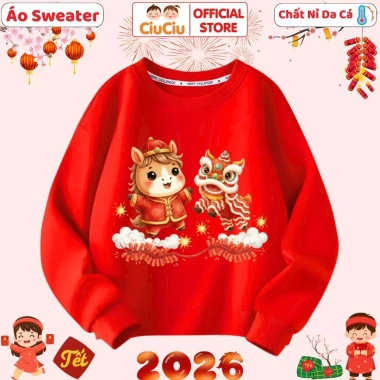 Áo Tết Bính Ngọ 2.026 Múa Lân CIUCIU Sweater Nỉ Da Cá Ấm Áp Cho Bé Trai Gái – 160k