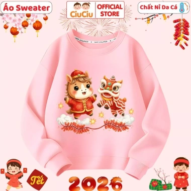 Áo Tết Bính Ngọ 2.026 Múa Lân CIUCIU Sweater Nỉ Da Cá Ấm Áp Cho Bé Trai Gái – 160k