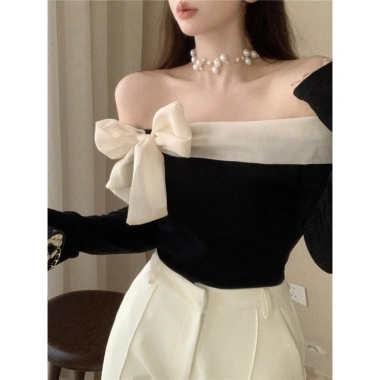 Áo thu đông trễ vai ôm body nơ sang chảnh - Tiểu thư NGOMINH SP195 giá 129k