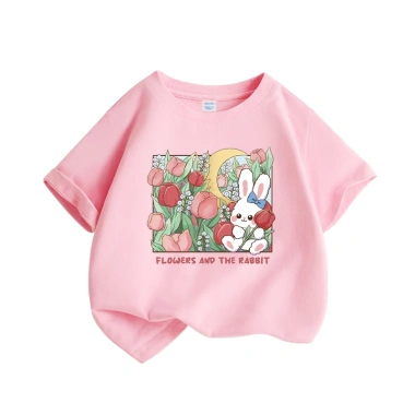 Áo thun bé gái 100% cotton ngắn tay in họa tiết thỏ, bóng hoa - Giá 89.000đ