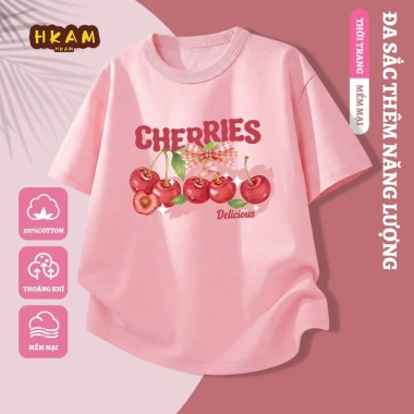 Áo thun bé gái 100% Cotton ngắn tay mềm mại thoáng khí in hình anh đào - Giá 89.000 VND
