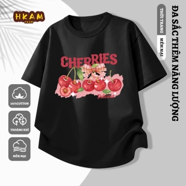 Áo thun bé gái 100% Cotton ngắn tay mềm mại thoáng khí in hình anh đào - Giá 89.000 VND