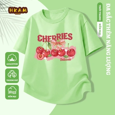 Áo thun bé gái 100% Cotton ngắn tay mềm mại thoáng khí in hình anh đào - Giá 89.000 VND