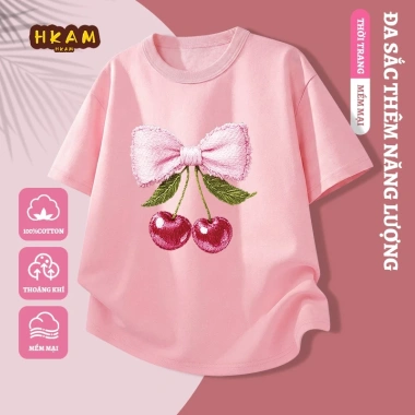 Áo thun bé gái 100% Cotton ngắn tay mềm mại thoáng khí in hình anh đào - Giá chỉ 89.000₫