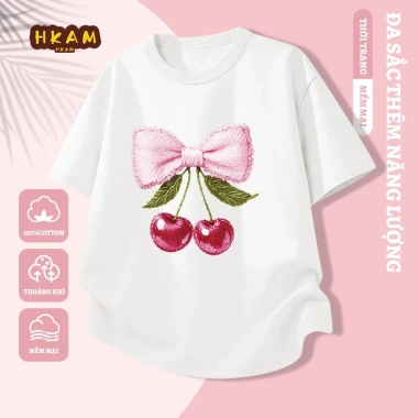 Áo thun bé gái 100% Cotton ngắn tay mềm mại thoáng khí in hình anh đào - Giá chỉ 89.000₫