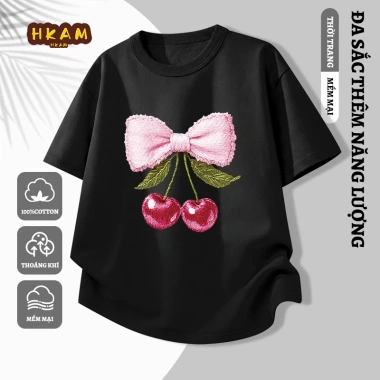 Áo thun bé gái 100% Cotton ngắn tay mềm mại thoáng khí in hình anh đào - Giá chỉ 89.000₫