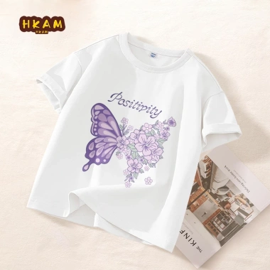 Áo thun bé gái 100% Cotton ngắn tay mềm mại, thoáng khí, in hình bướm - 89.000₫