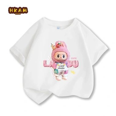 Áo thun bé gái 100% cotton ngắn tay mềm mại thoáng khí In hình Labubu, chỉ 89.000₫