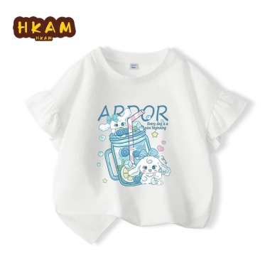 Áo thun bé gái 100% Cotton ngắn tay thời trang viền nấm, in hình chú chó con việt quất - 129.600₫