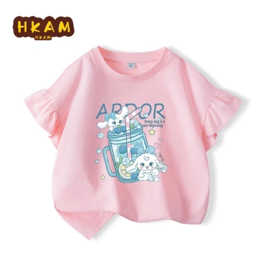 Áo thun bé gái 100% Cotton ngắn tay thời trang viền nấm, in hình chú chó con việt quất - 129.600₫