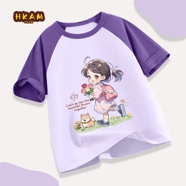 Áo Thun Bé Gái 100% Cotton Raglan Thoáng Khí Mềm Mại In Hình Cô Gái Dễ Thương