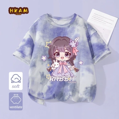 Áo thun bé gái 100% Cotton Tie-Dye thời trang trẻ em ngắn tay in hình - giá 120.000 VND