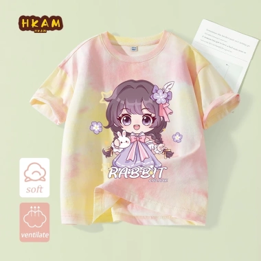Áo thun bé gái 100% Cotton Tie-Dye thời trang trẻ em ngắn tay in hình - giá 120.000 VND