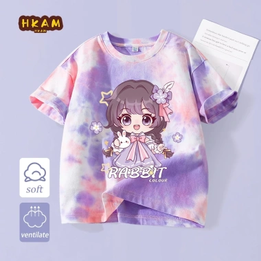 Áo thun bé gái 100% Cotton Tie-Dye thời trang trẻ em ngắn tay in hình - giá 120.000 VND