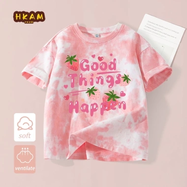 Áo thun bé gái 100% Cotton Tie‑Dye ngắn tay thời trang trẻ em hình dâu tây - chỉ 120.000₫