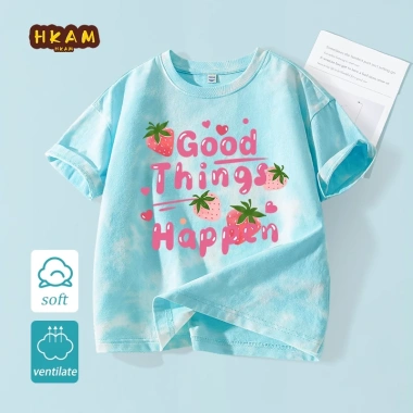 Áo thun bé gái 100% Cotton Tie‑Dye ngắn tay thời trang trẻ em hình dâu tây - chỉ 120.000₫