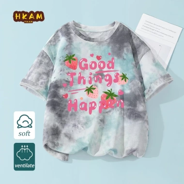 Áo thun bé gái 100% Cotton Tie‑Dye ngắn tay thời trang trẻ em hình dâu tây - chỉ 120.000₫