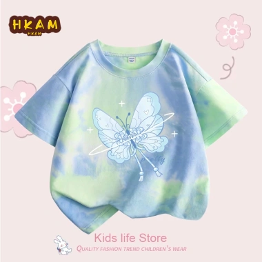 Áo thun bé gái 100% Cotton Tie‑Dye thời trang ngắn tay in bướm – giá ưu đãi 120.000₫