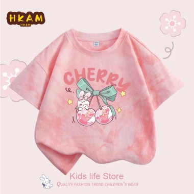 Áo thun bé gái 100% Cotton Tie‑Dye thời trang ngắn tay in hình anh đào - 120.000₫